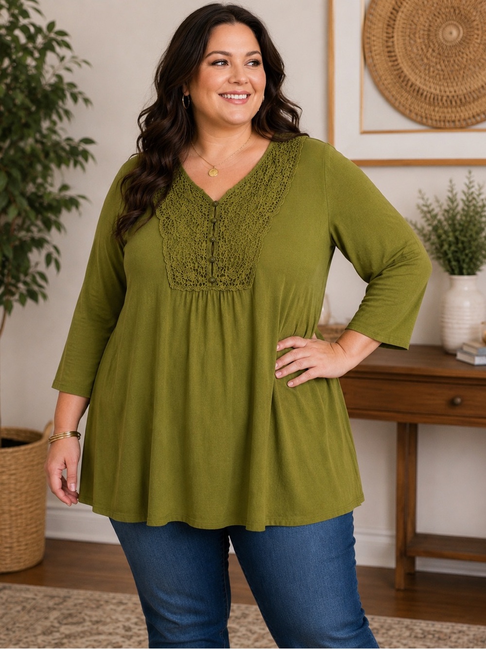 Catherines 4X 30/32 Olive Green Boho Lace Front Tunic Blouse